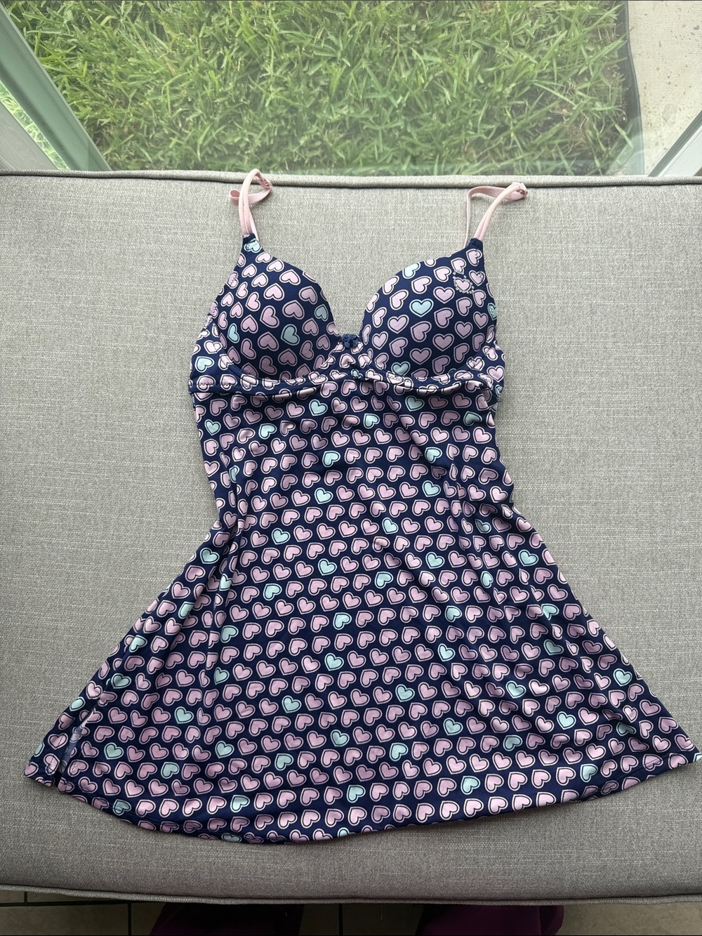 Dollhouse Navy Heart-Print Babydoll Chemise with Pink Straps